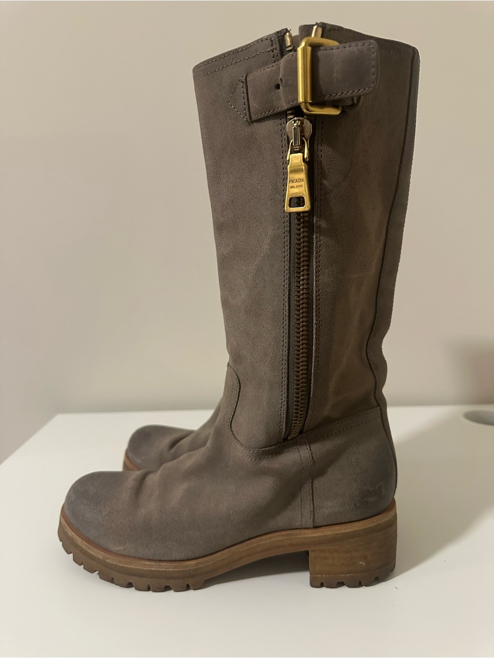 Prada Taupe Suede Over-the-Knee Boots with Gold Hardware - Picture 12 of 15